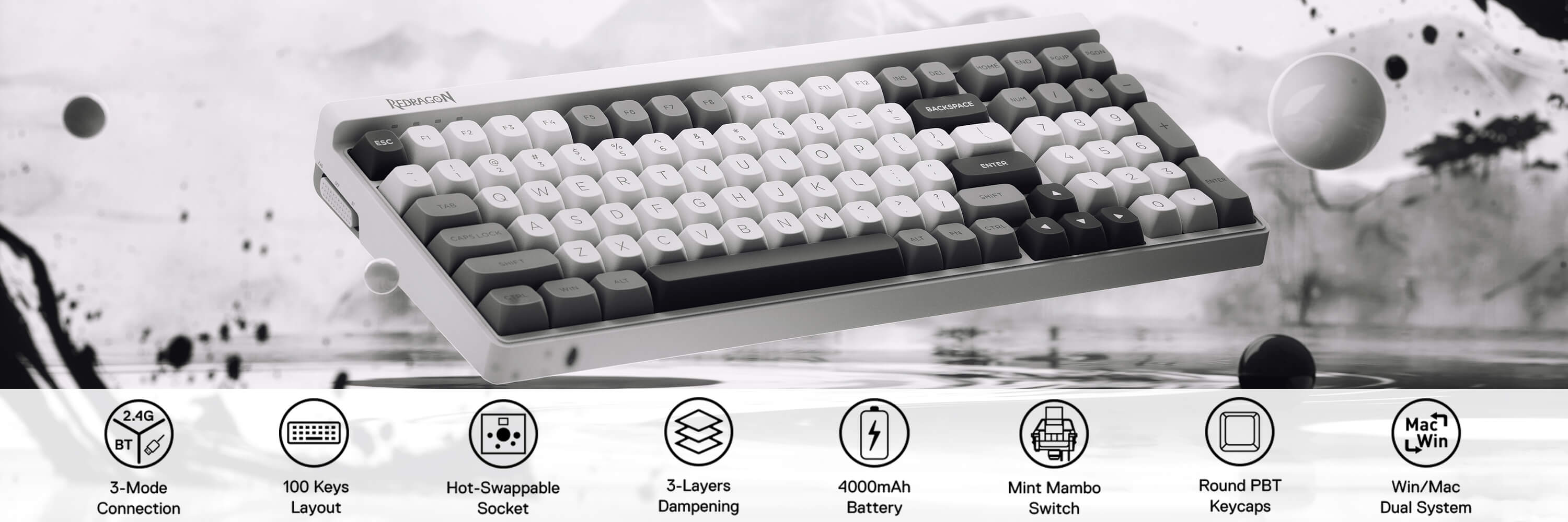 Redragon K656 PRO 3-Mode Wireless RGB Gaming Keyboard, 100 Keys Mechanical Keyboard w/Hot-Swappable Socket, 3 Noise Dampening Layers, PBT Round Keycaps & Custom Linear Switch, Moondust Gray