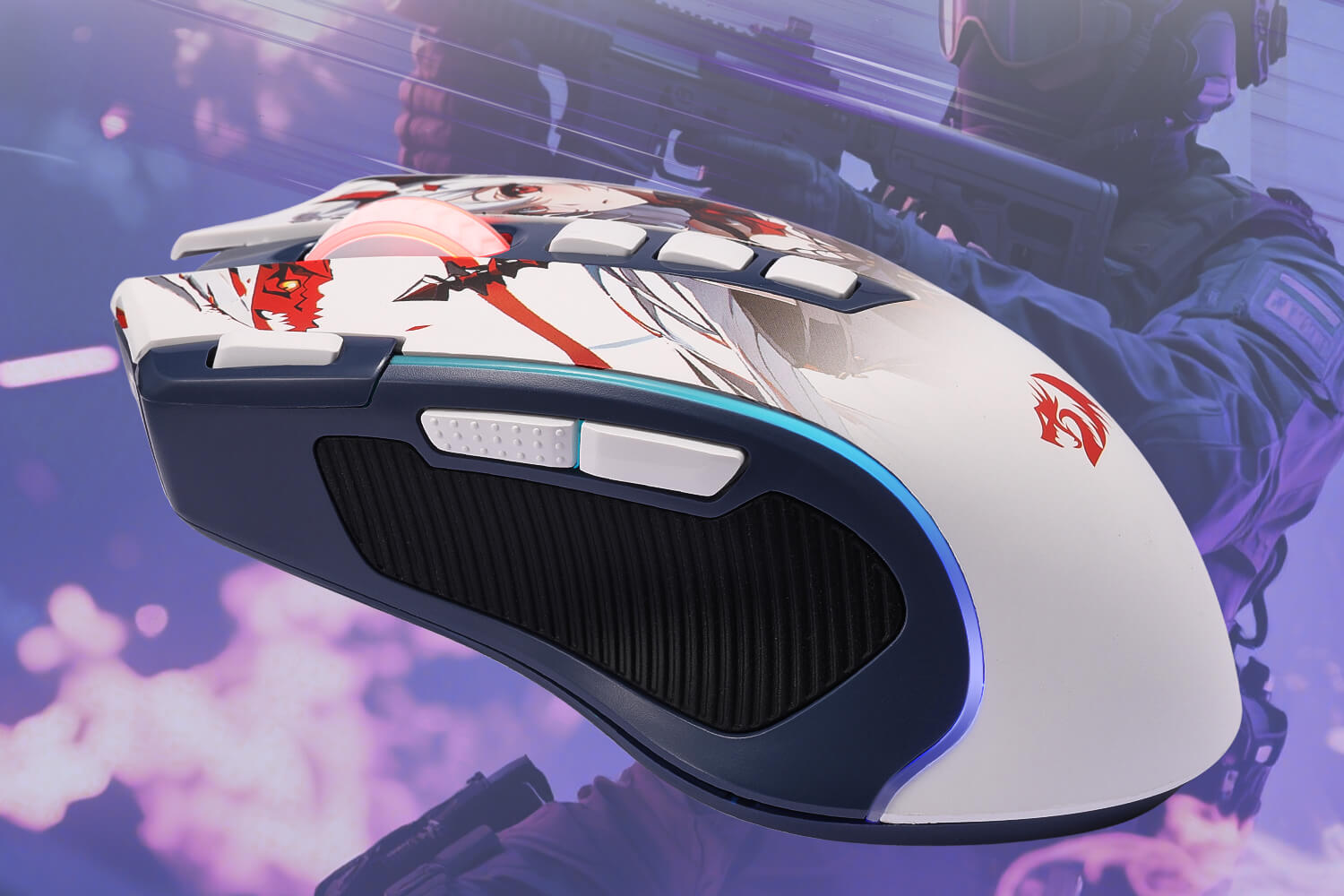 Gaming mouse with anime character design on a blurred gaming background