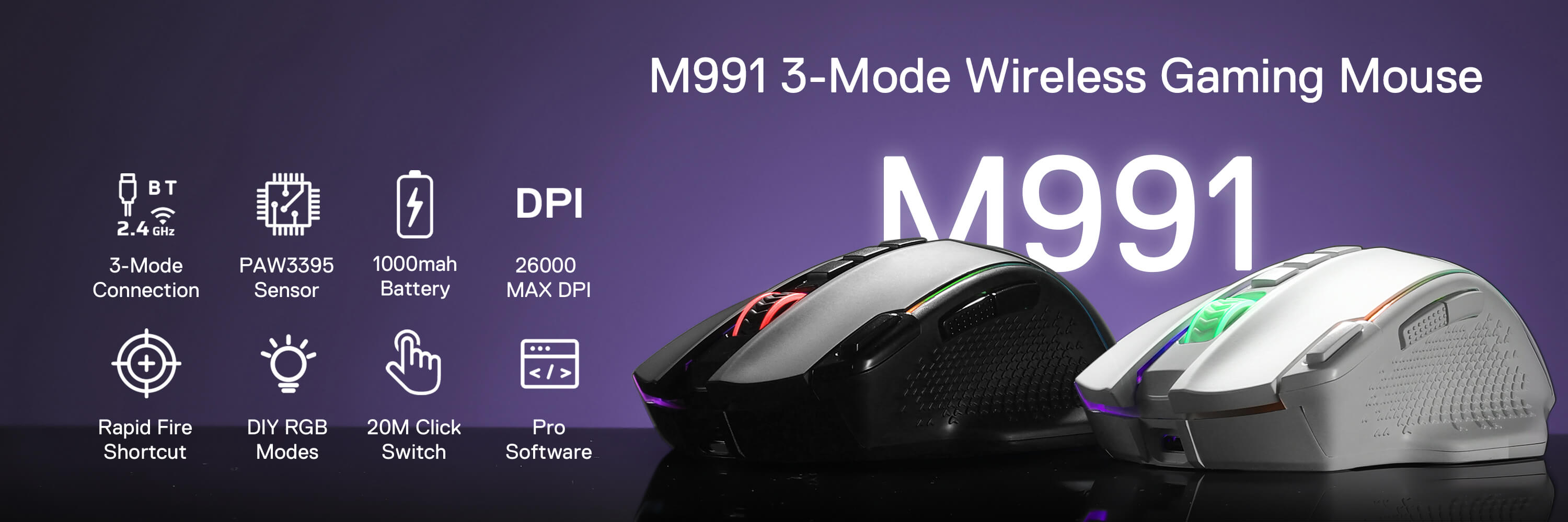Redragon M991 Wireless Gaming Mouse, 26000 DPI 3-Mode Gamer Mice w/Rapid Fire Key, 9 Macro Buttons, Powerful Capacity and RGB Backlight for PC/Mac/Laptop, Black and White