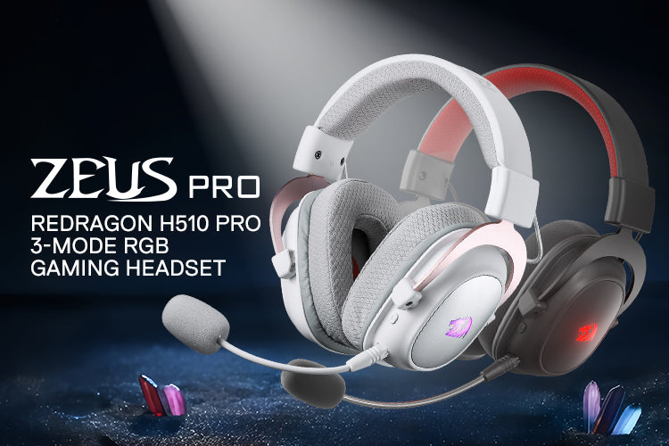 Redragon H510 ZEUS-X RGB wireless gaming headset displayed on a gaming desk setup with a glowing blue and red RGB mat, featuring wireless connectivity, over-ear design, and customizable RGB lighting