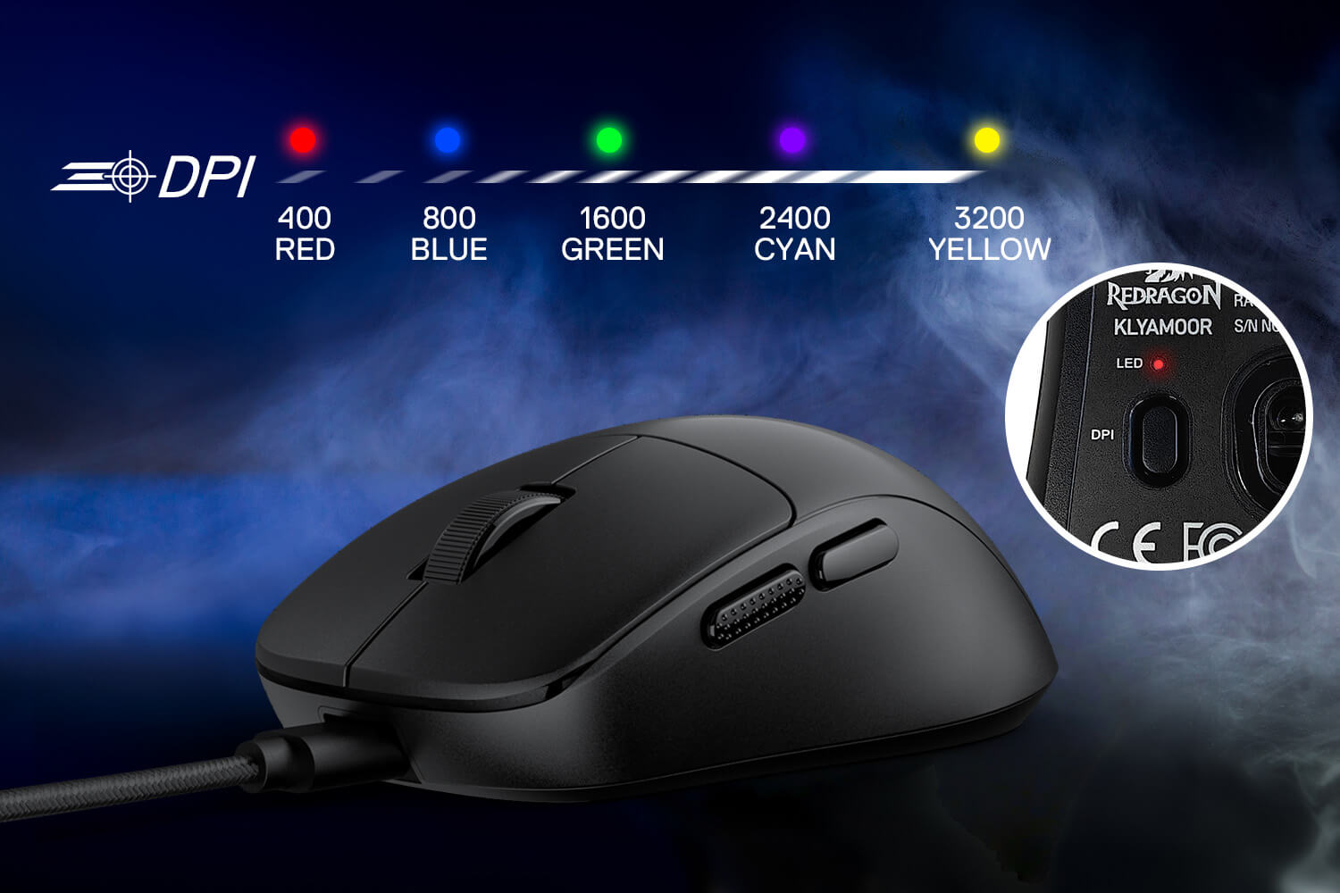 Black gaming mouse with DPI settings on a dark background