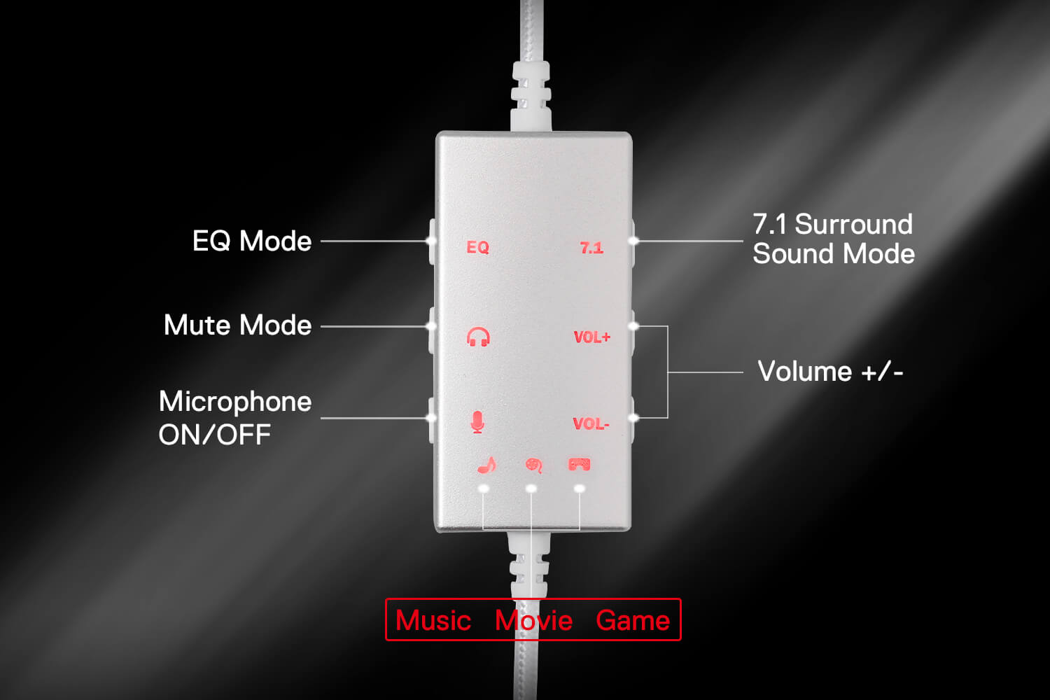 Redragon AURORA H376 control panel with 7.1 surround sound and EQ mode for enhanced audio settings