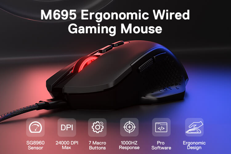 Redragon M695 Wired Gaming Mouse, 24,000 Max DPI Optical Gaming Mice with 7 Programmable Buttons, Ergonomic Natural Grip Build, Software Supports DIY Keybinds & DPI, Black
