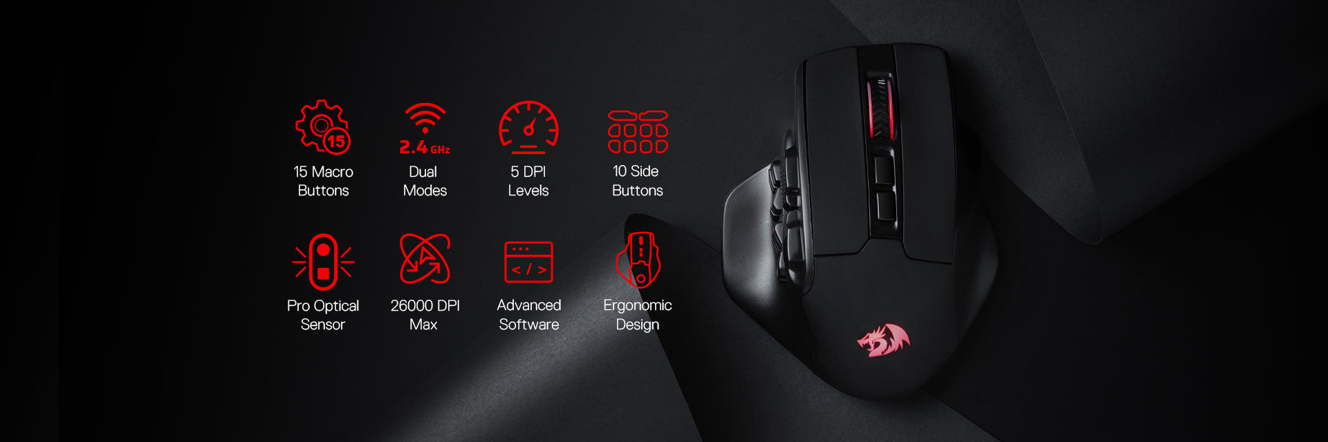 Black AATROX M811 PRO mouse with icon features like 15 macro buttons, dual modes (USB & Bluetooth), 5 DPI levels, and ergonomic design