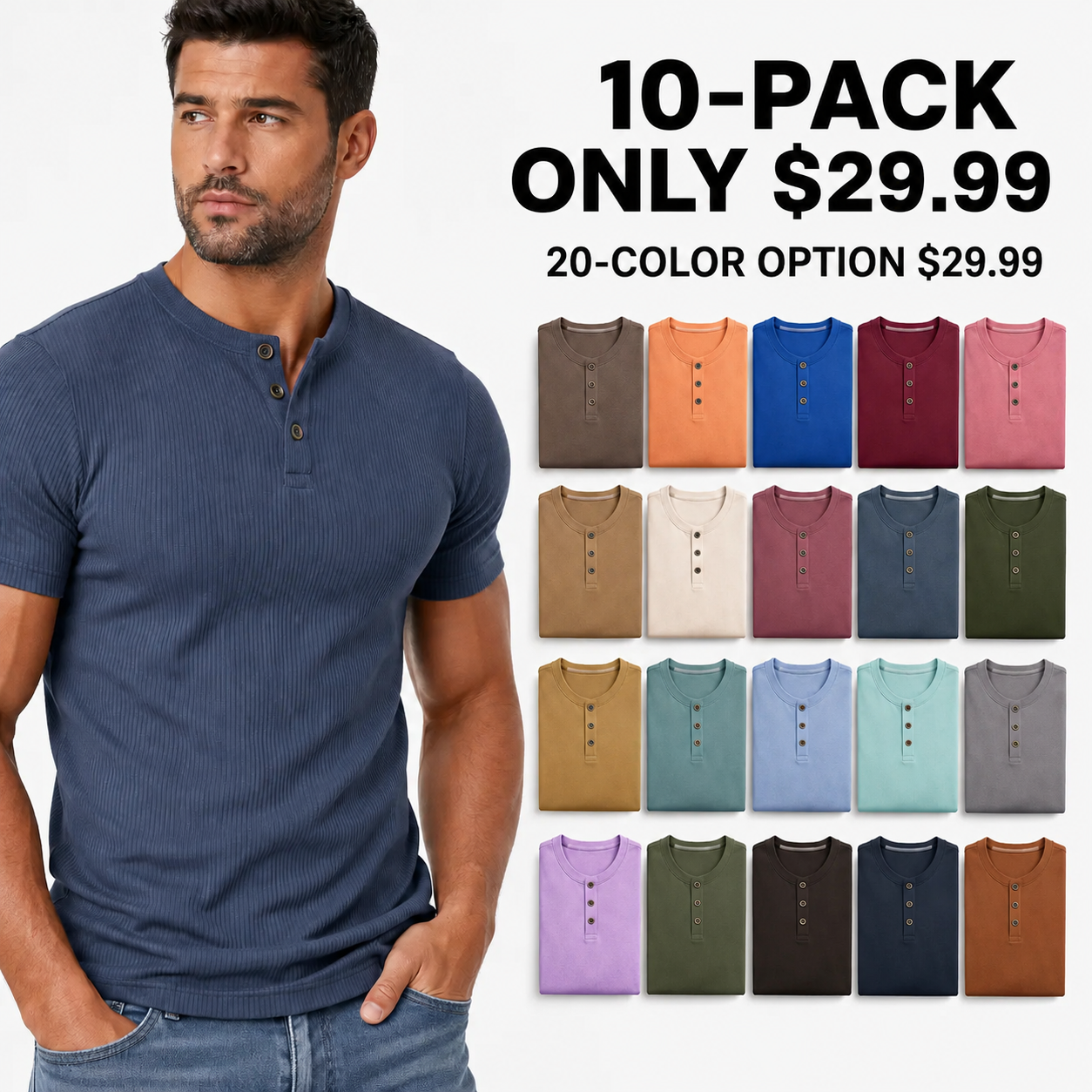 Men's Ribbed Knit Short Sleeve Henley Shirts Mixed Pack Set - Half Button Tees
