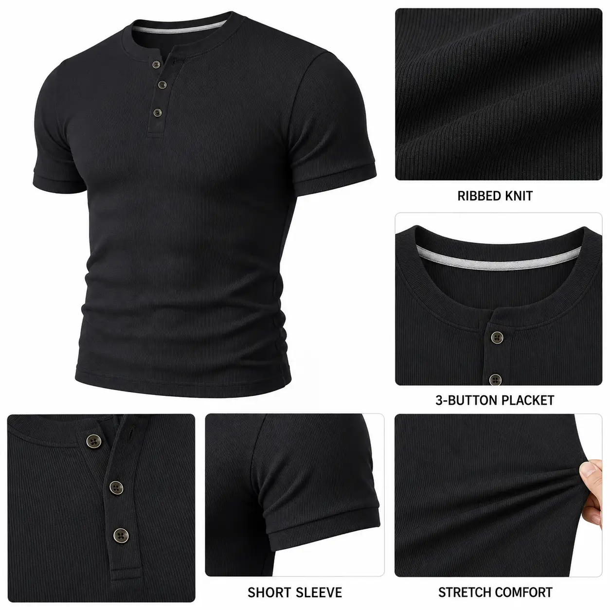 Men's Ribbed Knit Short Sleeve Henley Shirts Mixed Pack Set - Half Button Tees