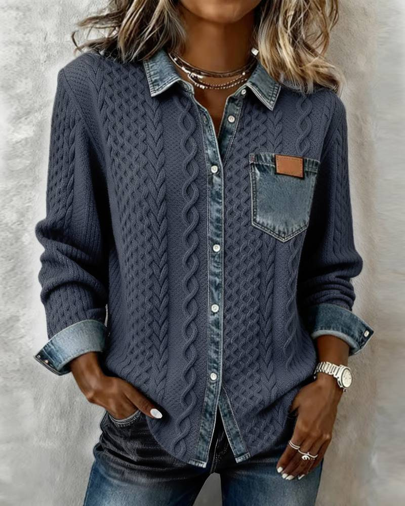 Cardigan in maglia a treccia con collo in denim patchwork