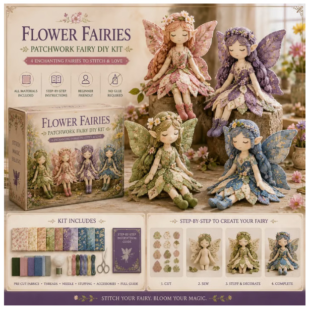 Kit DIY fata patchwork Fate dei Fiori con quattro fate in tessuto floreale, scatola, materiali e guida passo-passo