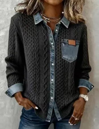 Cardigan in maglia a treccia con collo in denim patchwork