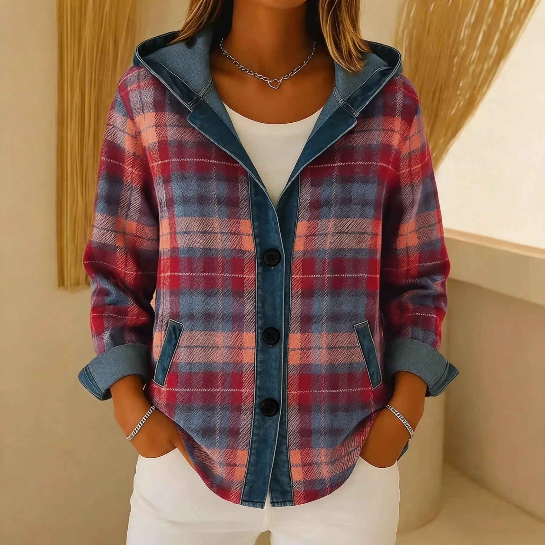 Women'S Casual Contrast Color Plaid Jacket