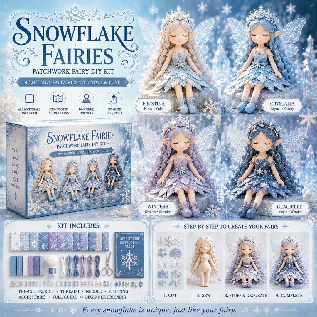 Kit DIY fata patchwork Fate dei Fiocchi di Neve con quattro fate in tessuto ghiaccio, scatola, materiali e guida passo-passo