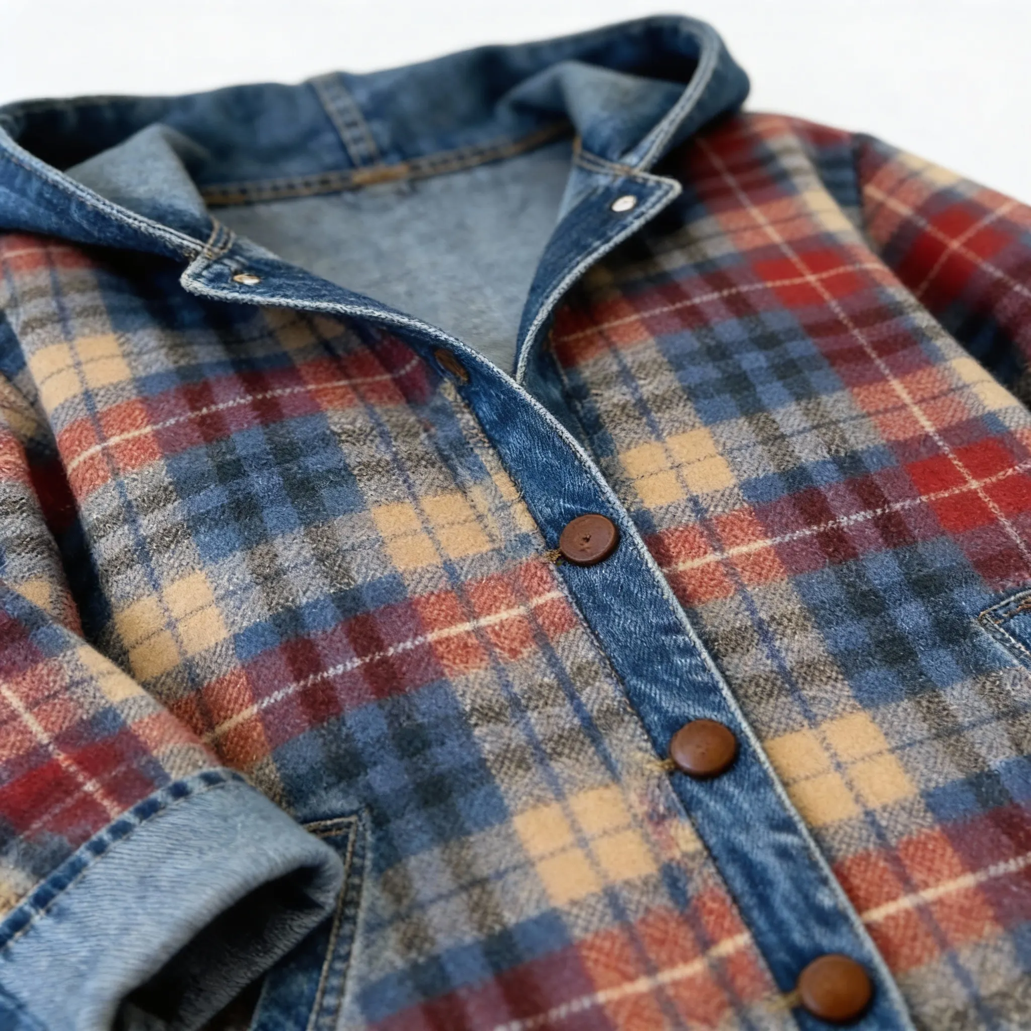 Plaid Denim Hoodie styled with other garments for versatility