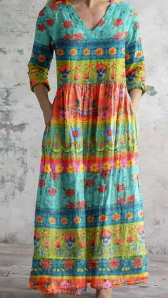 Women's Boho Floral Print Linen Maxi Dress