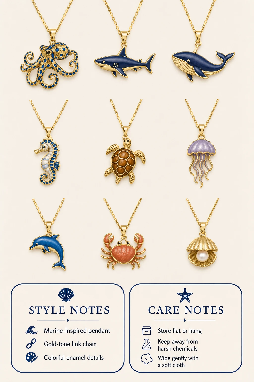 Pannello informativo della collezione di collane con ciondoli oceanici in flat-lay con nove ciondoli marini, pannelli Note di Stile e Note di Cura