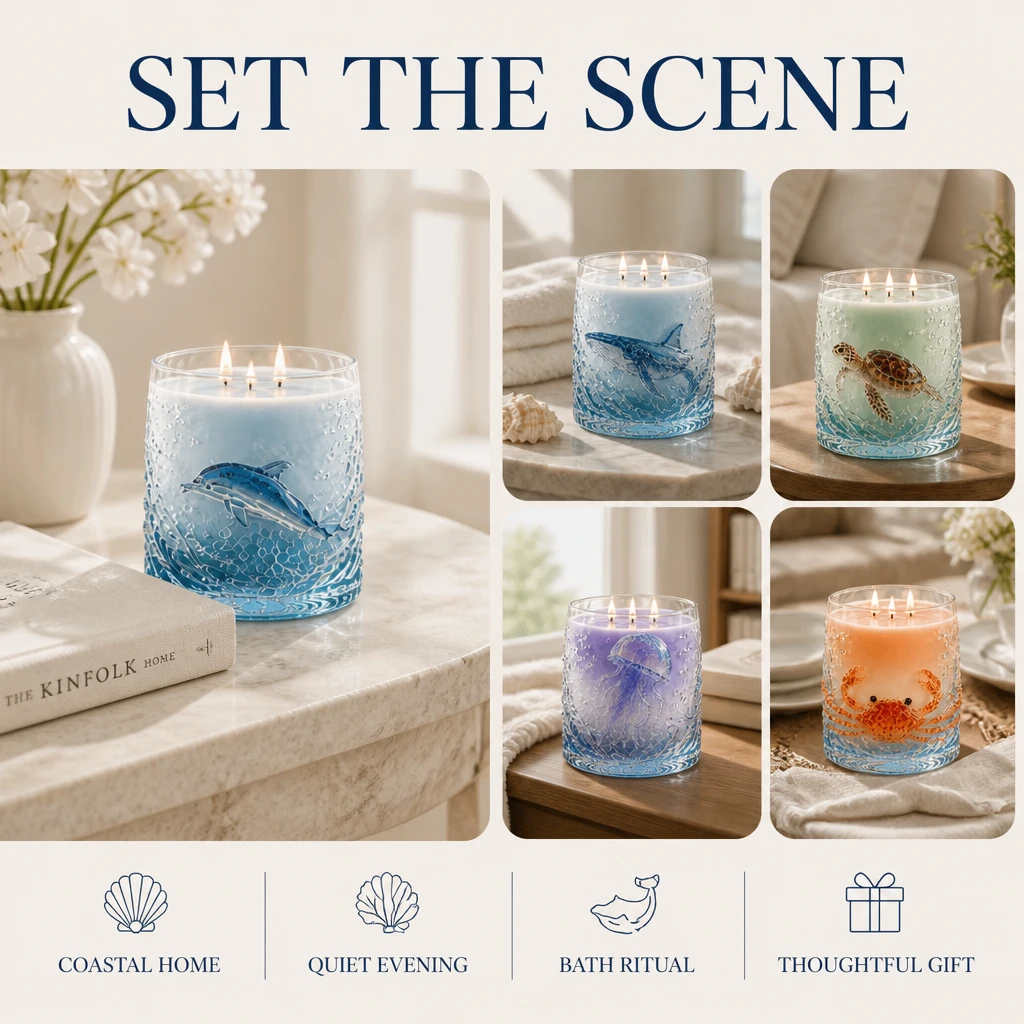 Candele profumate animali marini in ambientazioni di casa costiera, serata tranquilla, rituale del bagno e regalo premuroso
