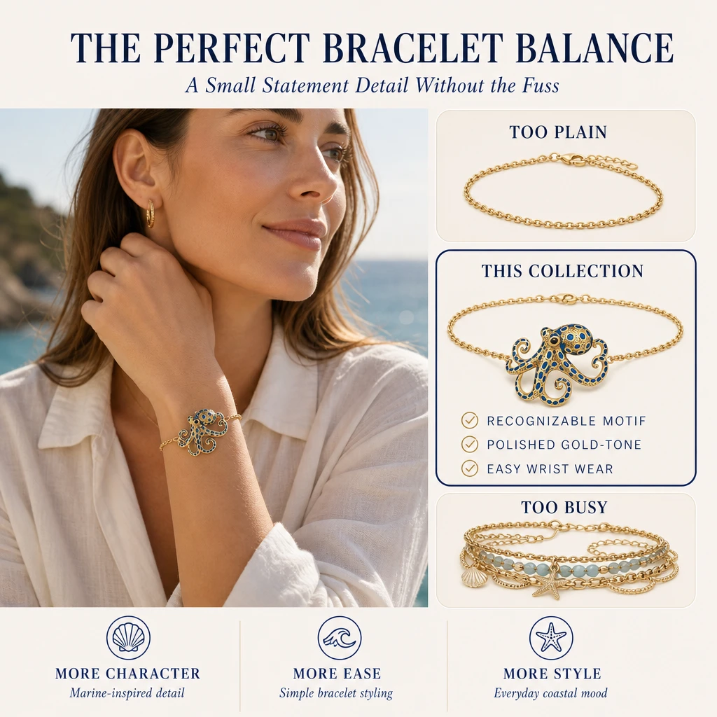 Grafico di confronto che mostra un braccialetto semplice, la collezione di braccialetti con ciondolo oceanico e una pila da polso eccessivamente elaborata