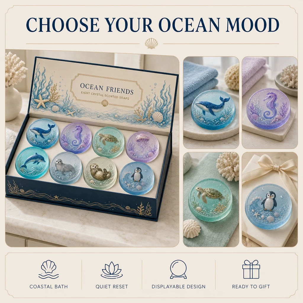 Scatola regalo Ocean Friends e quattro abbinamenti bagno e regali per gli otto saponi cristallo profumati