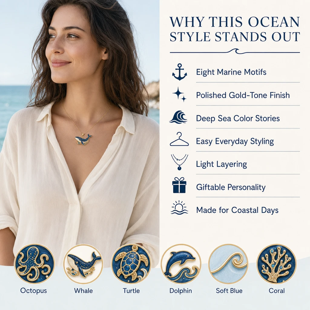 Grafico Perché questo stile oceanico si distingue con una donna che indossa un ciondolo a balena, sette motivi e sei dettagli circolari di motivi marini