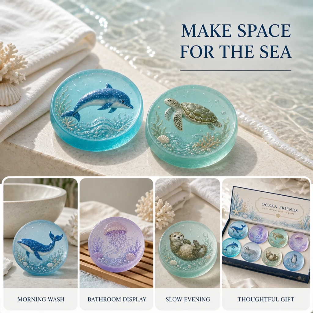 Saponi cristallo oceanici mostrati in bagno, vassoio da bagno, serata tranquilla e griglia di stile di vita regalo premuroso