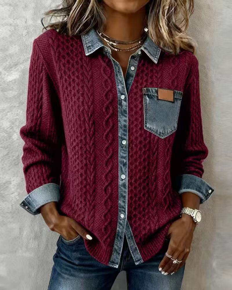 Cardigan in maglia a treccia con collo in denim patchwork