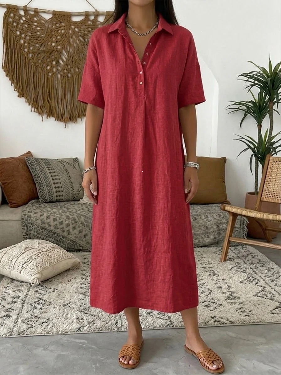 Abito Midi Camicia Donna con Collo Polo, Mezza Bottoniera, Maniche Corte, Taglio Rilassato Dritto, Casual Vacanze Tunica