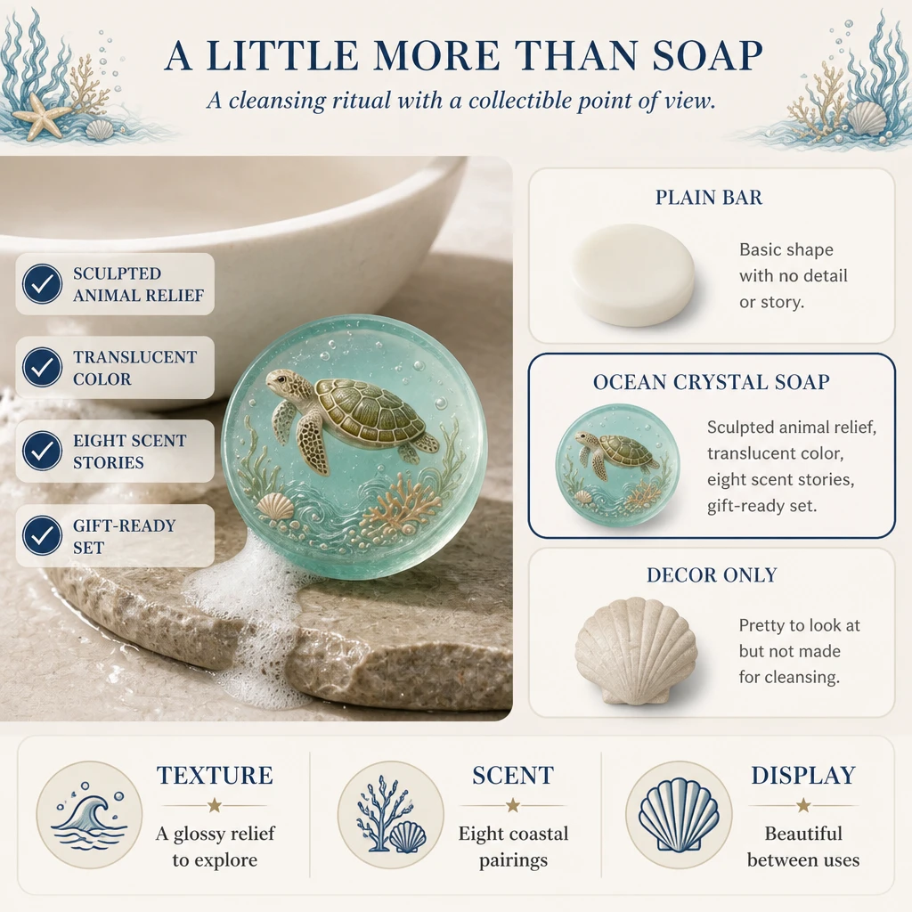 Grafico di confronto che mostra saponetta semplice, Sapone Cristallo Oceanico e alternative solo decorative