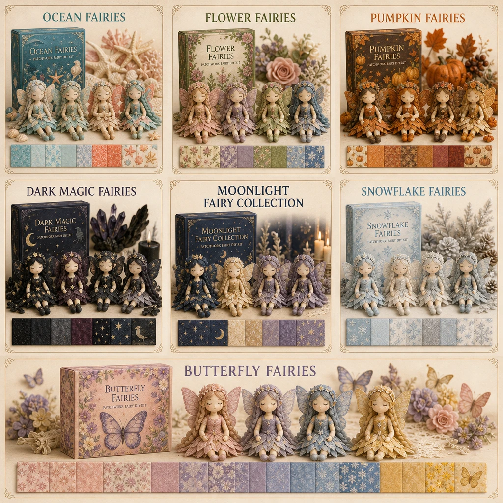 Tavola collezione kit DIY fate patchwork sette temi che mostra i temi Oceano, Fiore, Zucca, Magia Oscura, Chiaro di Luna, Fiocco di Neve e Farfalla