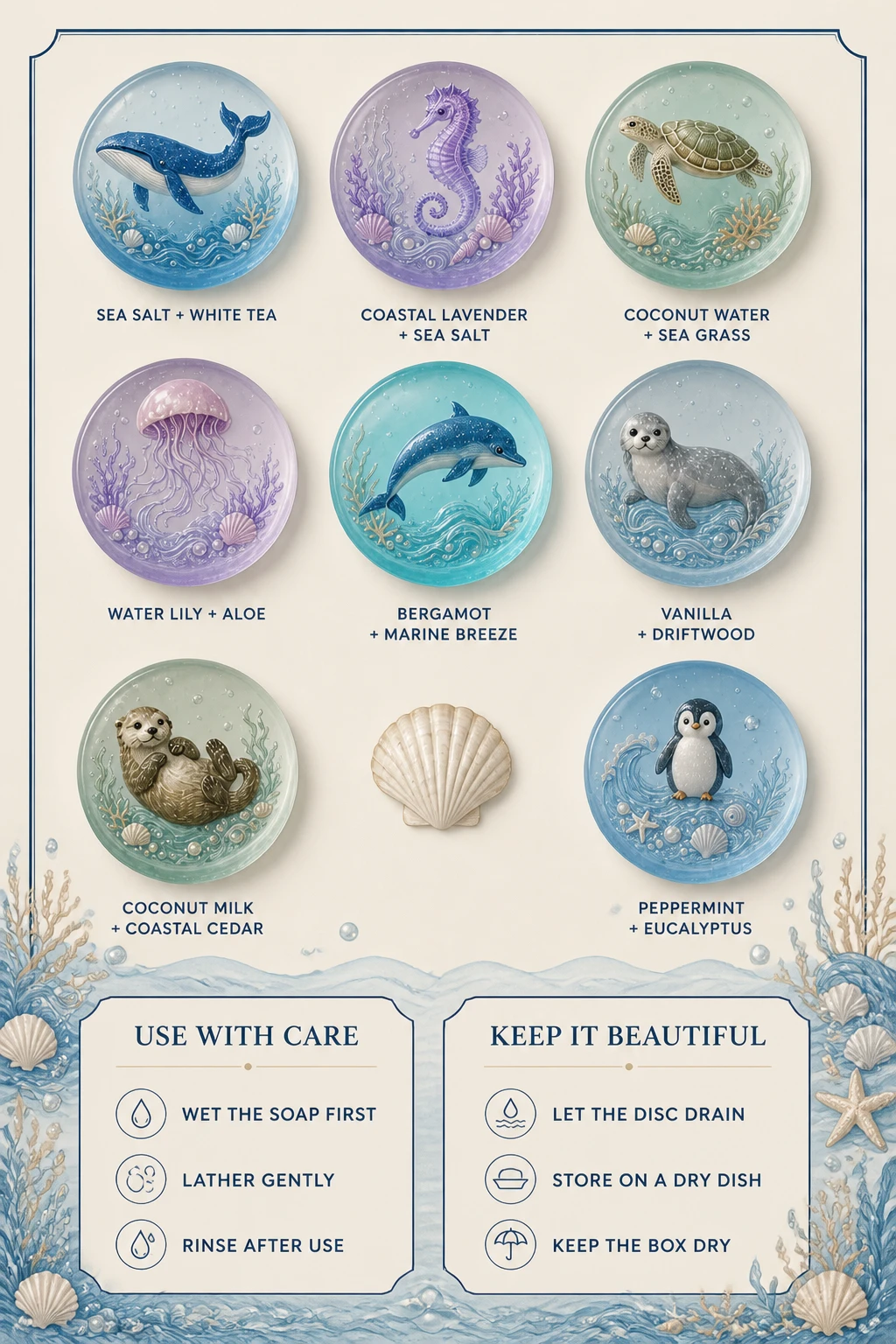 Pannello verticale Ocean Friends che mostra tutti gli otto stili di sapone cristallo profumato, nomi dei profumi e semplici indicazioni per la cura