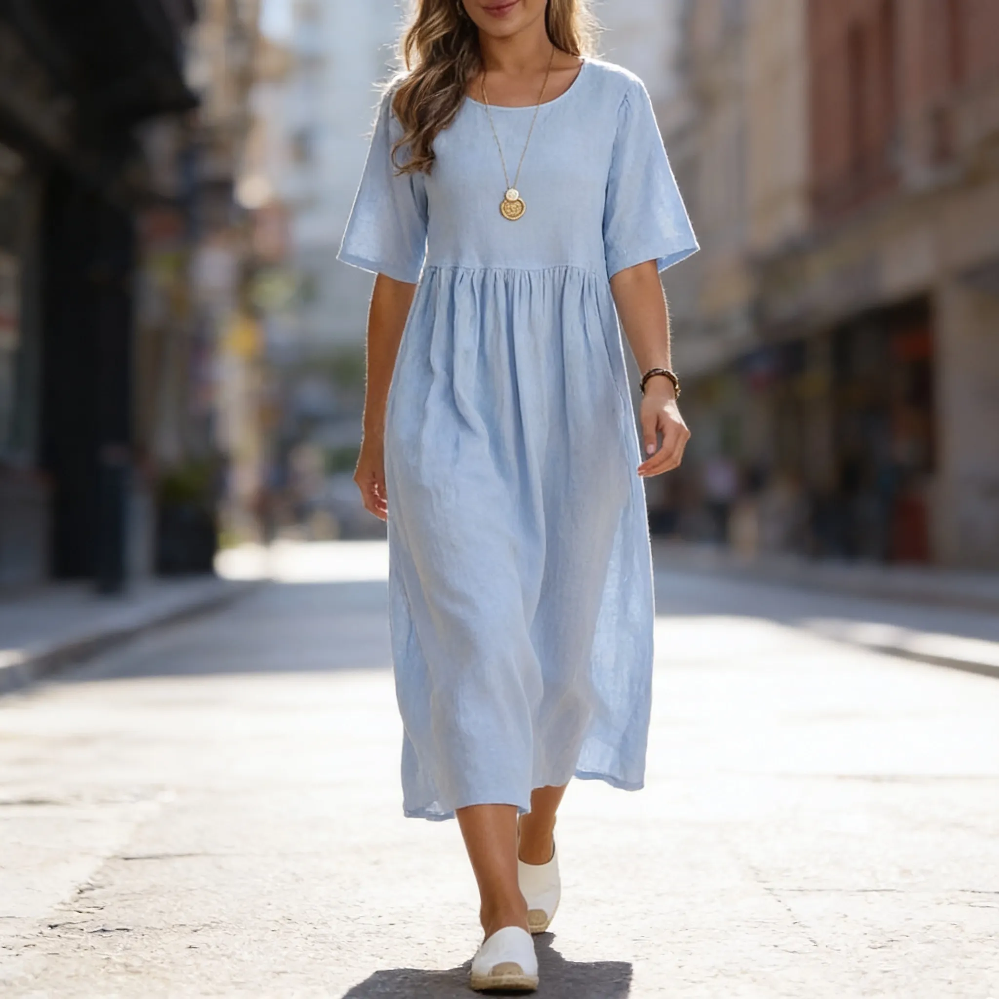 Cotton-Linen Loose-Fit Midi Dress