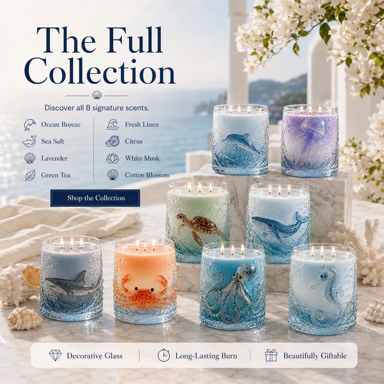 Otto candele profumate a forma di animale marino disposte come collezione completa con rilievo in vetro marino