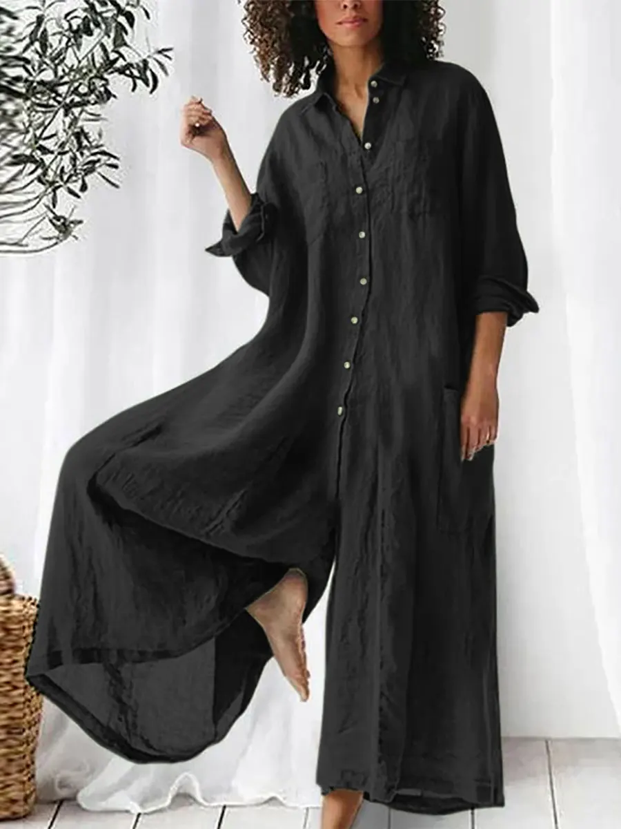 Women's Solid Color Art Casual Long Sleeve Cotton Linen Jumpsuit