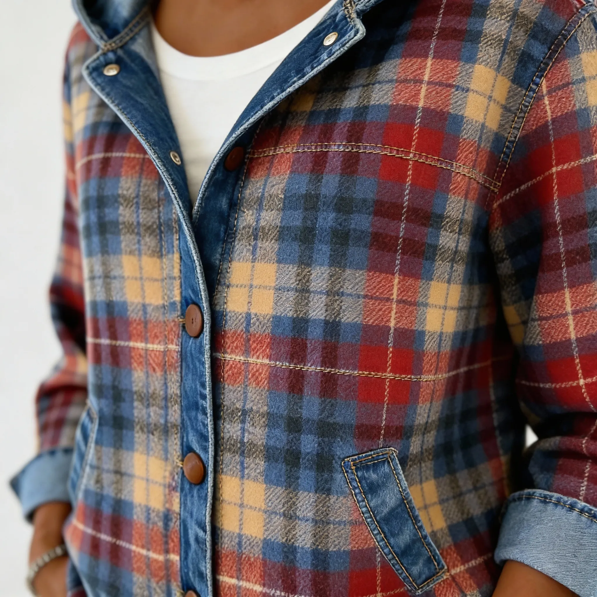 Plaid Denim Hoodie worn outdoors in transitional weather