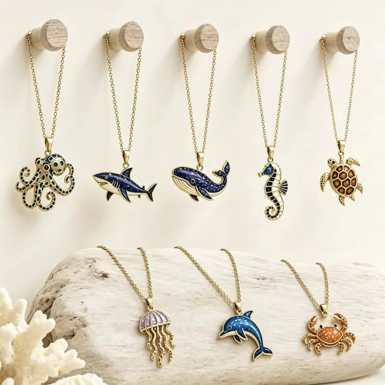Collana con ciondolo a forma di animale marino a tema spiaggia, smalto colorato e catenina a maglia sottile; collana oceanica multidesign ideale per l'uso quotidiano