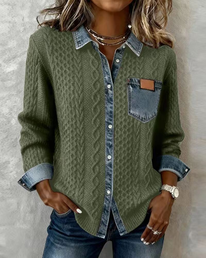 Cardigan in maglia a treccia con collo in denim patchwork