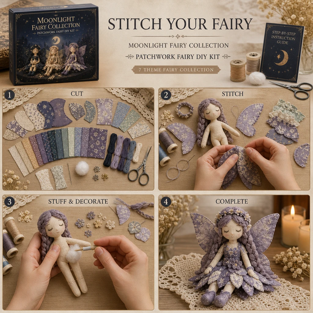 Tavola di realizzazione fata patchwork che mostra pezzi pretagliati, cucitura, imbottitura e una fata al chiaro di luna completata