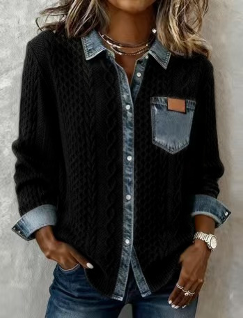 Cardigan in maglia a treccia con collo in denim patchwork
