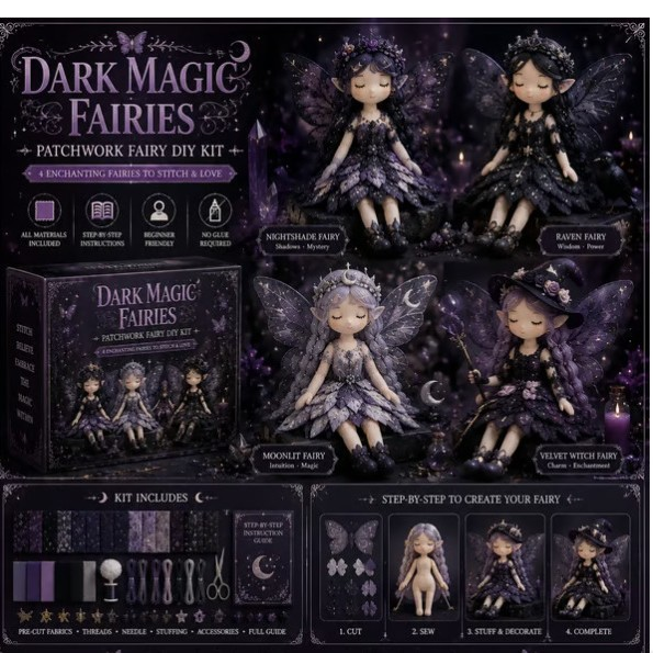 Kit DIY fata patchwork Fate della Magia Oscura con quattro fate in tessuto fantasy oscuro, scatola, materiali e guida passo-passo