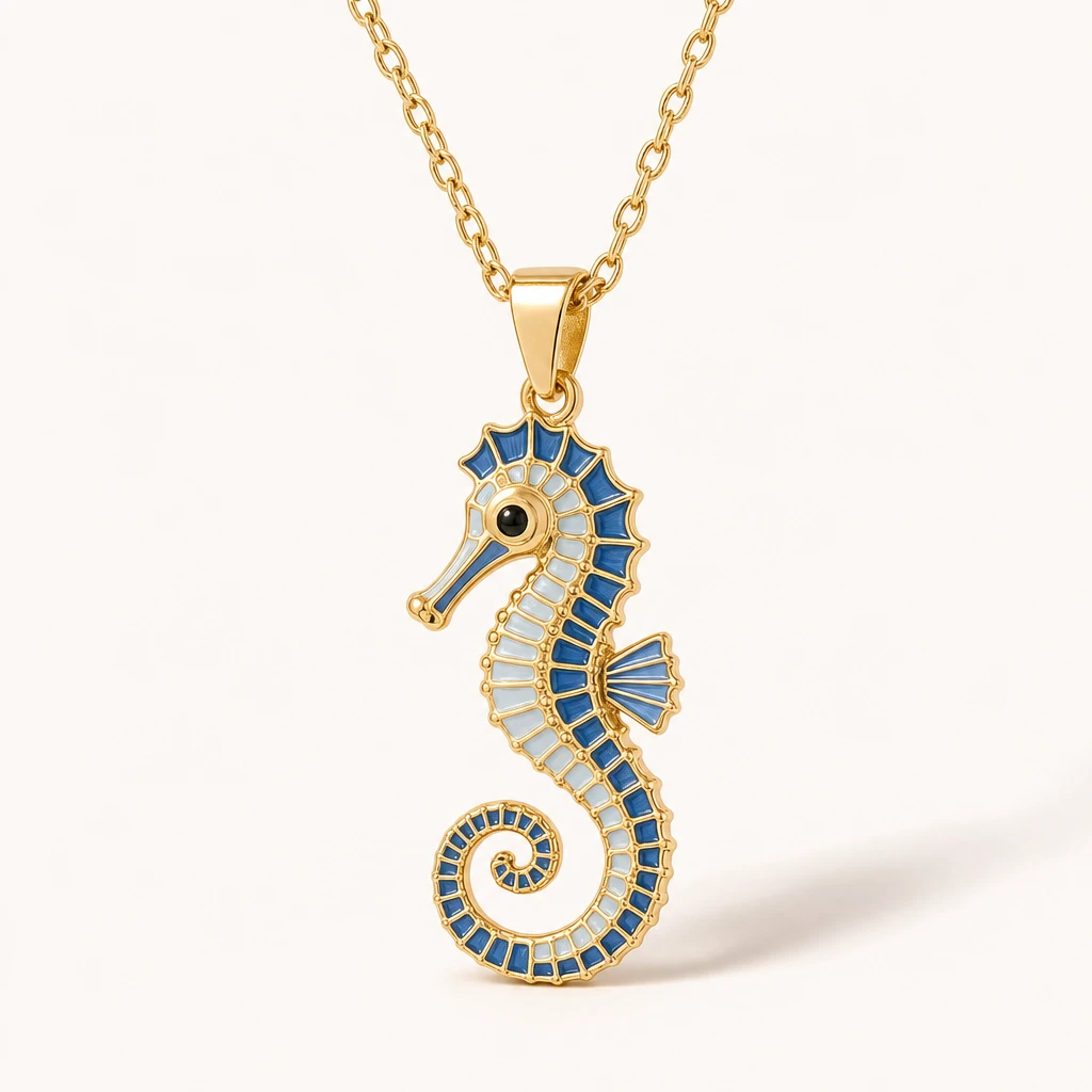 Collana con ciondolo a forma di animale marino a tema spiaggia, smalto colorato e catenina a maglia sottile; collana oceanica multidesign ideale per l'uso quotidiano