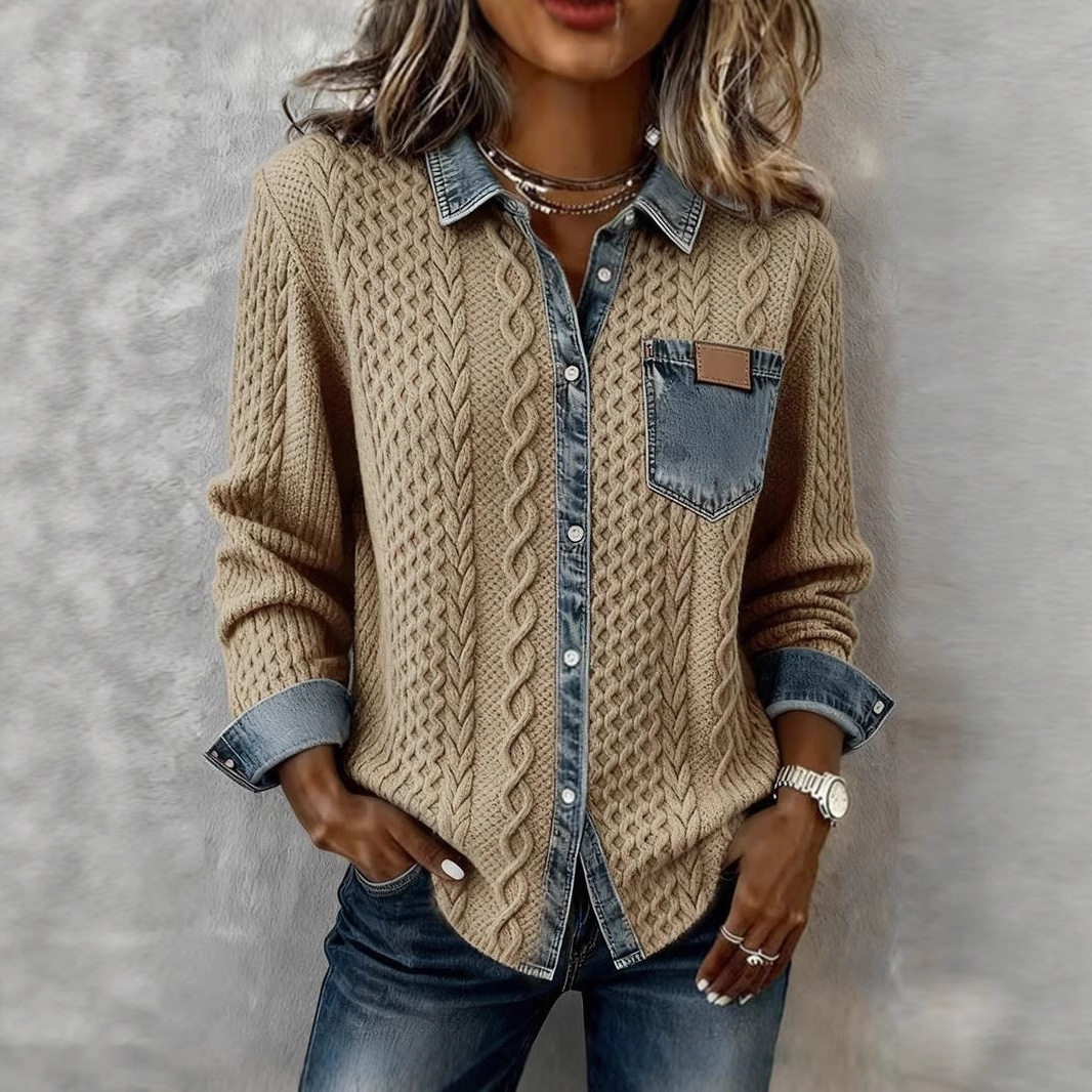 Cardigan in maglia a treccia con collo in denim patchwork