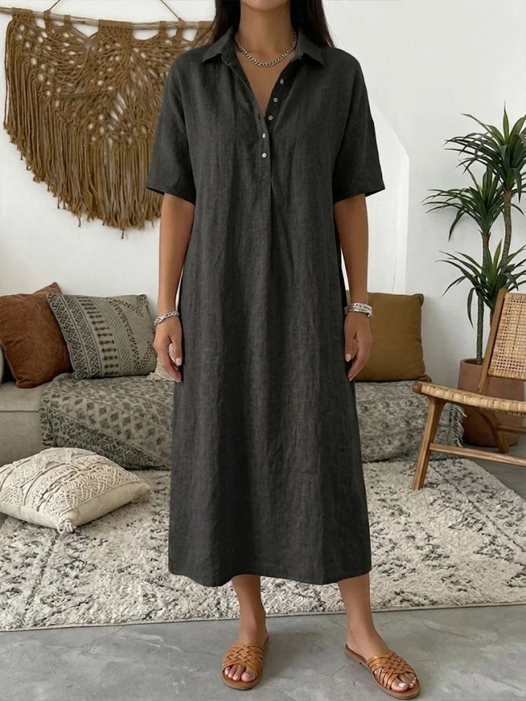 Abito Midi Camicia Donna con Collo Polo, Mezza Bottoniera, Maniche Corte, Taglio Rilassato Dritto, Casual Vacanze Tunica