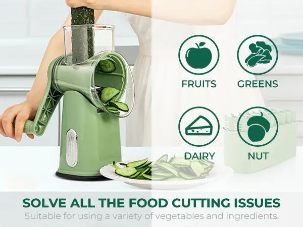 Product Introduction of SUSTEAS Rotary Cheese Grater with Handle, 5 Well-Designed Blades, Strong Suction Cup Base, Kitchen Utensils Vegetable Slicer Dicer Fruit Vegetable Slicer Gadgets Kitchen 8