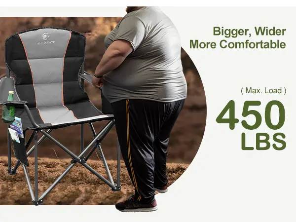 Product Introduction of PHI VILLA Oversized Camping Folding Chair, Heavy Duty Support 450 LBS Steel Frame Collapsible Padded Arm Chair with Cup Holder Quad Lumbar Back, Portable for Outdoor 8