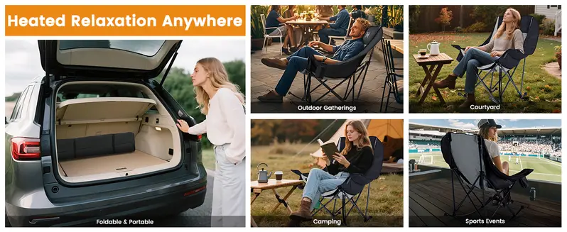 Product Introduction of SLSY Oversized Heated Rocking Camping Chair, 400lbs Capacity Portable Outdoor Rocker Padded Recliner Folding Lawn Chair, with Side Pockets & Carry Bag for Camping Patio Backyard【Batteries not included】 2