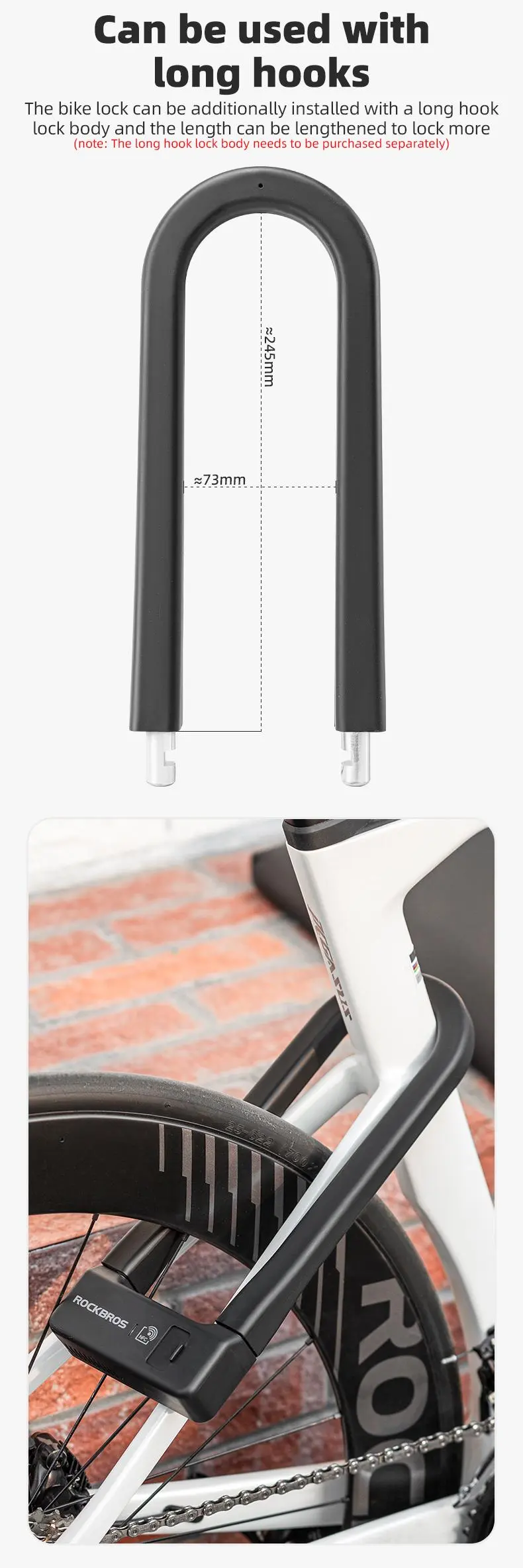 Product Introduction of ROCKBROS Smart U Lock NFC Unlocking (NFC fuction phone only),MTB Road Bike Lock  Anti-theft Lock Waterproof Rechargeable Safety Lock 11