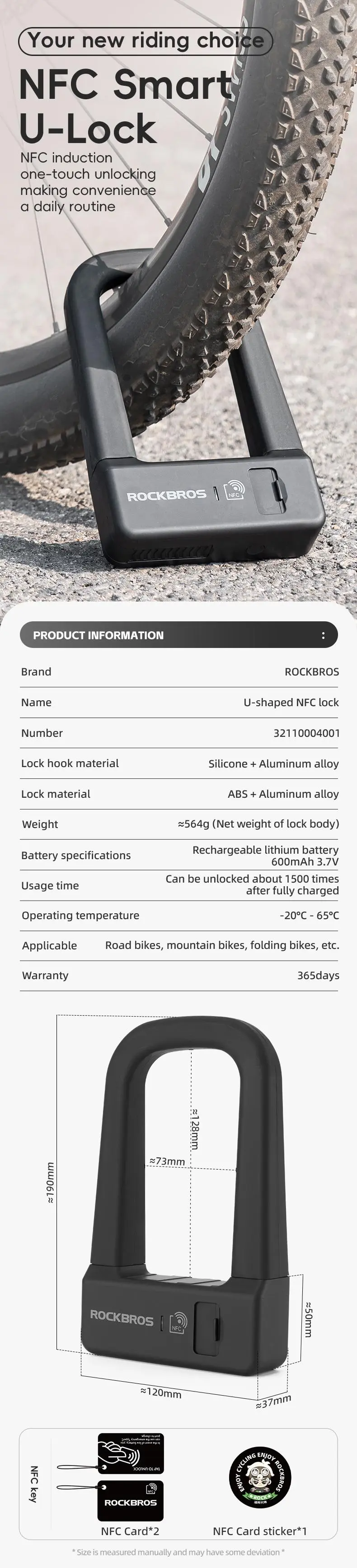 Product Introduction of ROCKBROS Smart U Lock NFC Unlocking (NFC fuction phone only),MTB Road Bike Lock  Anti-theft Lock Waterproof Rechargeable Safety Lock 7