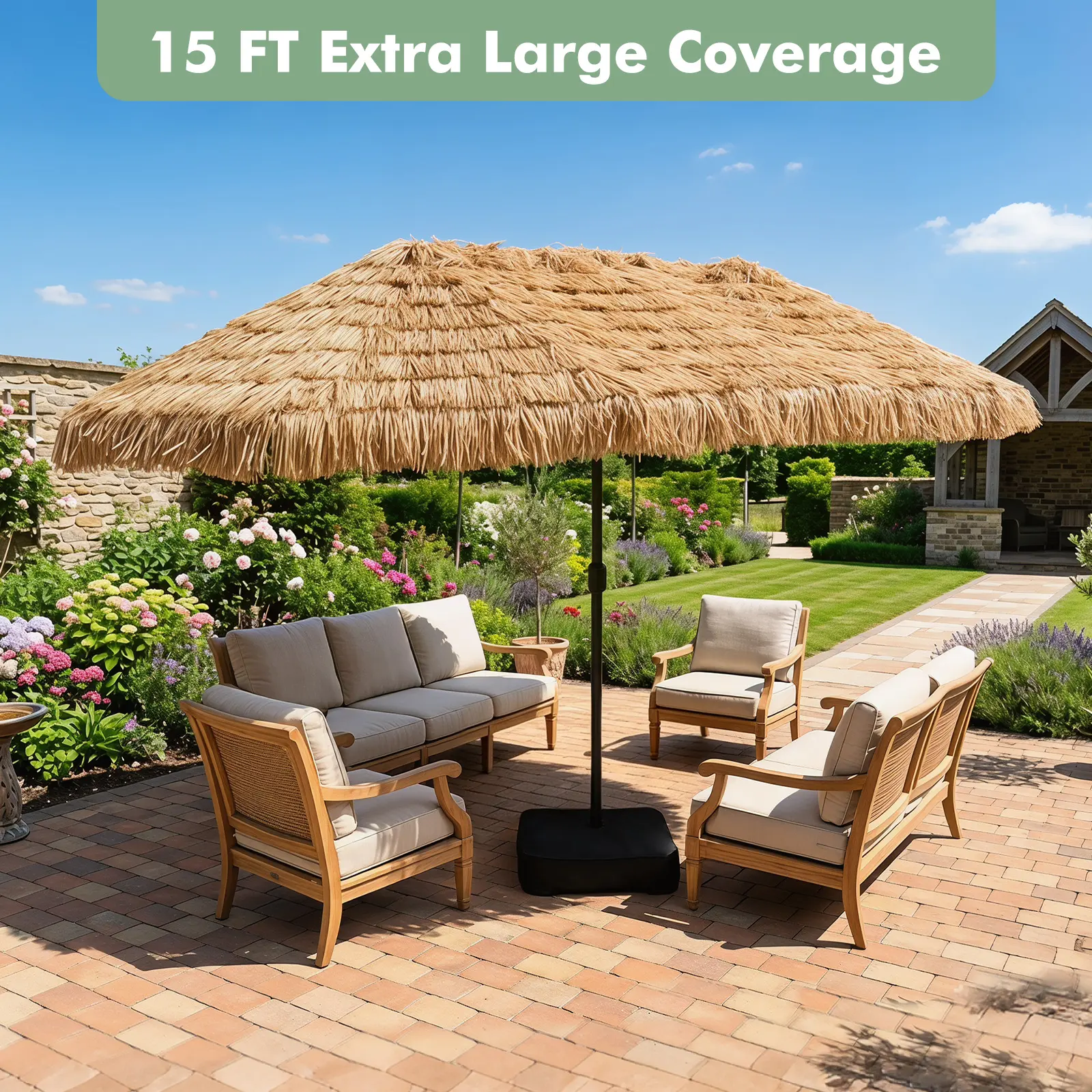 15 FT Solar Tiki Patio Umbrella with LED Lights and Base