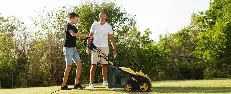 Product Introduction of 2025 Upgraded EVEAGE 16-Inch 15 Amp Electric Dethatcher & Scarifier, 5-Position Depth Adjustment, 14.5gal Collection Bag, Increases Lawn Health spin brush magnetic sweeper Foldable Grabber rake 10