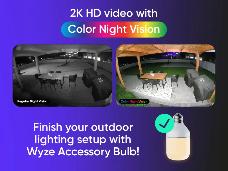 Product Introduction of Wyze Bulb Cam — 2K HD Light Bulb Security Camera, 24/7 MicroSD Recording, Color Night Vision, Optional Advanced AI Subscription for Pet/Package/Person Detection, Dimmable LED, Color Night Vision, 2-Way Audio 5