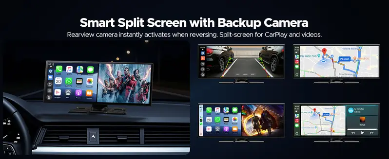 Product Introduction of LAMTTO 10.25" Big Touch Screen Wirelesss CarPlay Screen Built-in Youtube/Netflix/TikTok Apps with 720P Parking Backup Camera, for iPhone 8-15+ / Android 11+ 30
