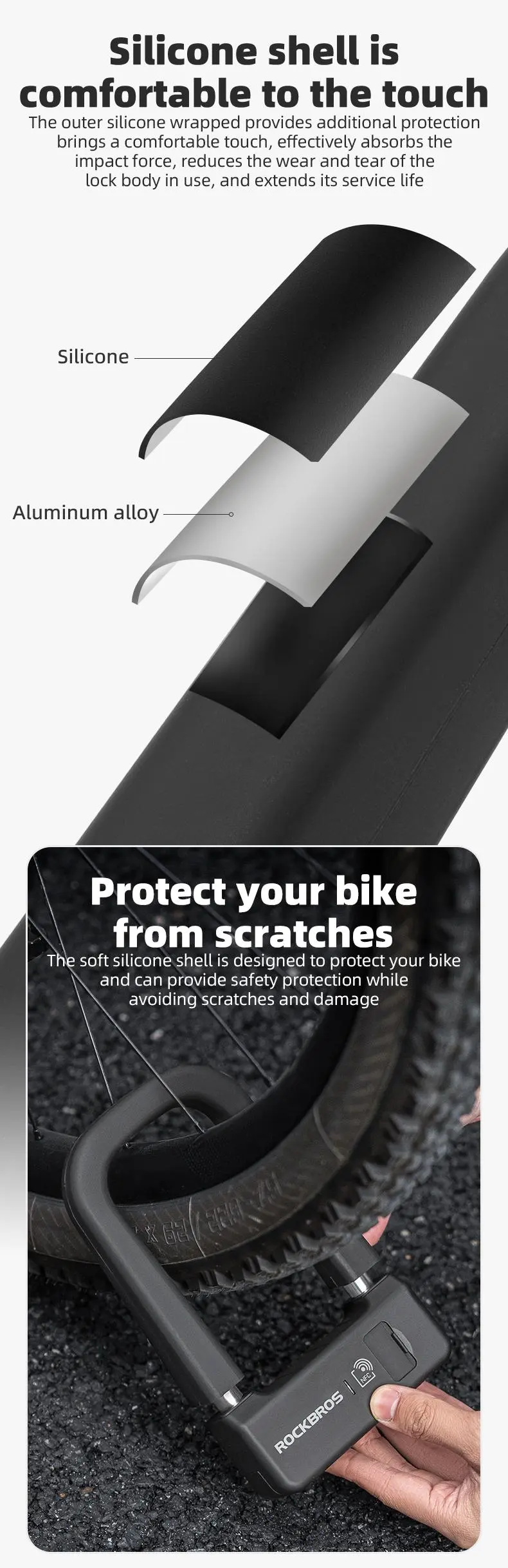 Product Introduction of ROCKBROS Smart U Lock NFC Unlocking (NFC fuction phone only),MTB Road Bike Lock  Anti-theft Lock Waterproof Rechargeable Safety Lock 10